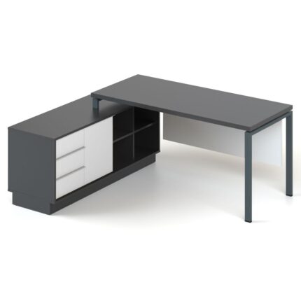 pilko ir baltos spalsvos kampinis darbo stalas