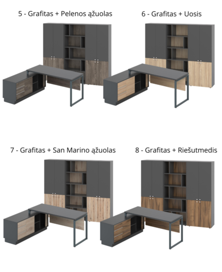 promo biuro baldu kolekcijos spalvos su grafito spalvos deriniu