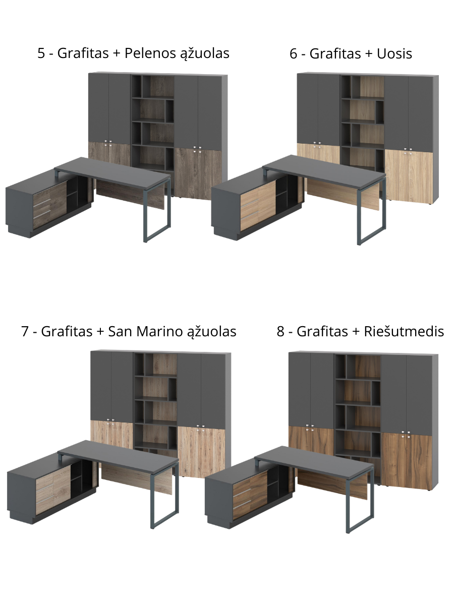 promo biuro baldu kolekcijos spalvos su grafito spalvos deriniu